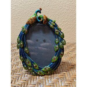 Handcrafted Oval Peacock Feather Design Photo Frame 4' X 2  1/2"